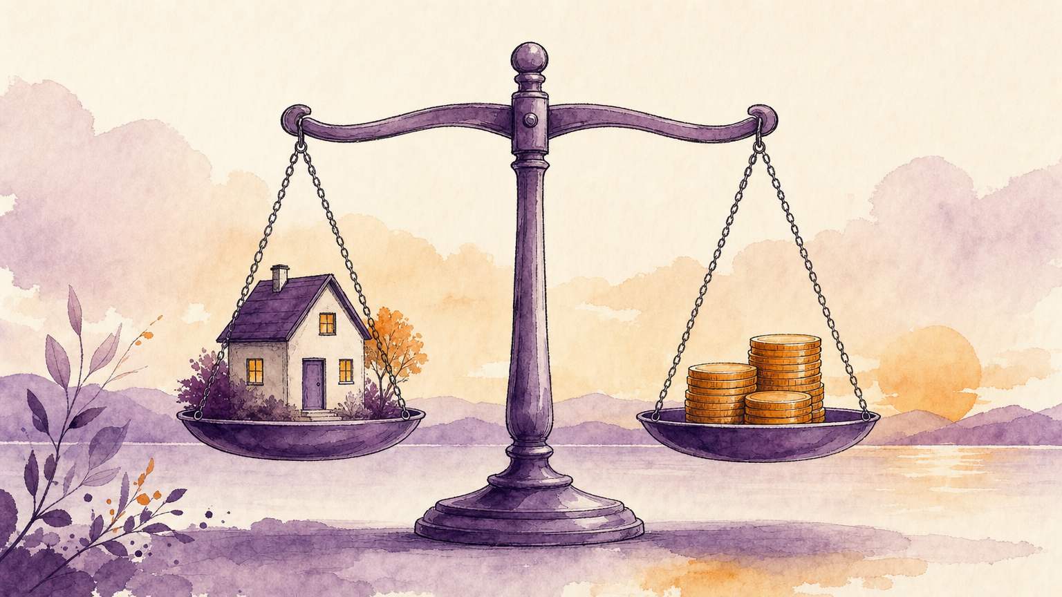 Balance scales weighing a house against coins, representing life insurance cost at age 50