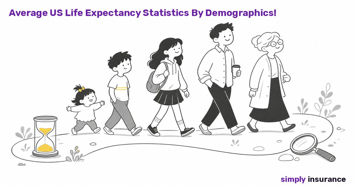 Illustration of people of every age along a path with an hourglass, representing average US life expectancy
