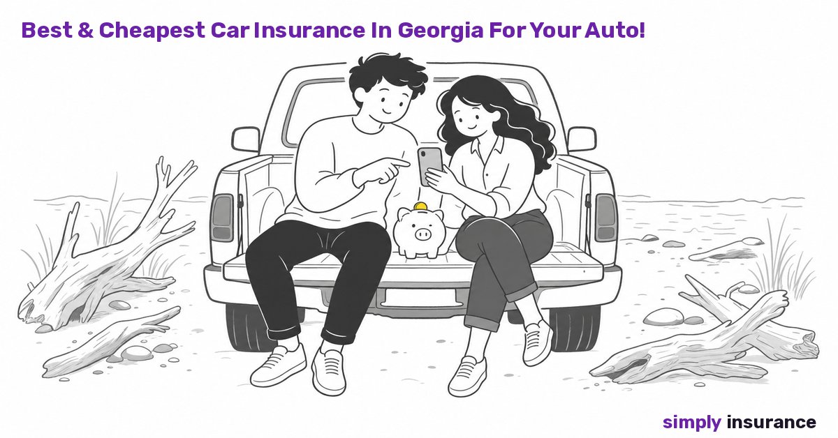 Illustration of a couple comparing cheap car insurance quotes on a truck at a Georgia driftwood beach