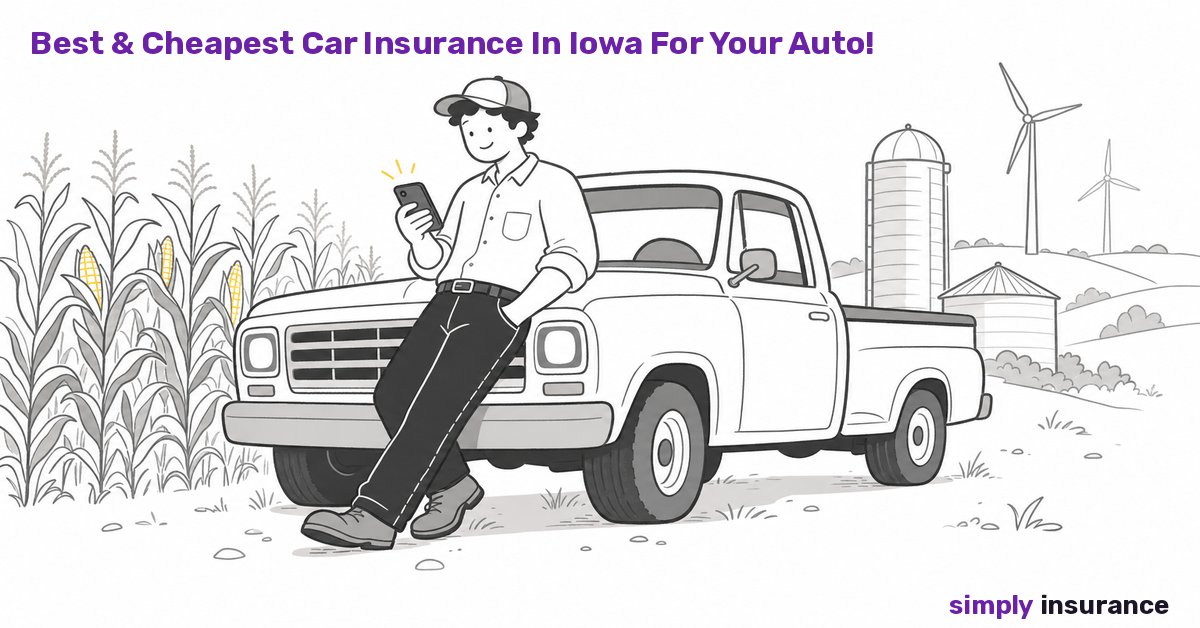 Illustration of a farmer comparing cheap car insurance quotes by an Iowa cornfield and grain silo