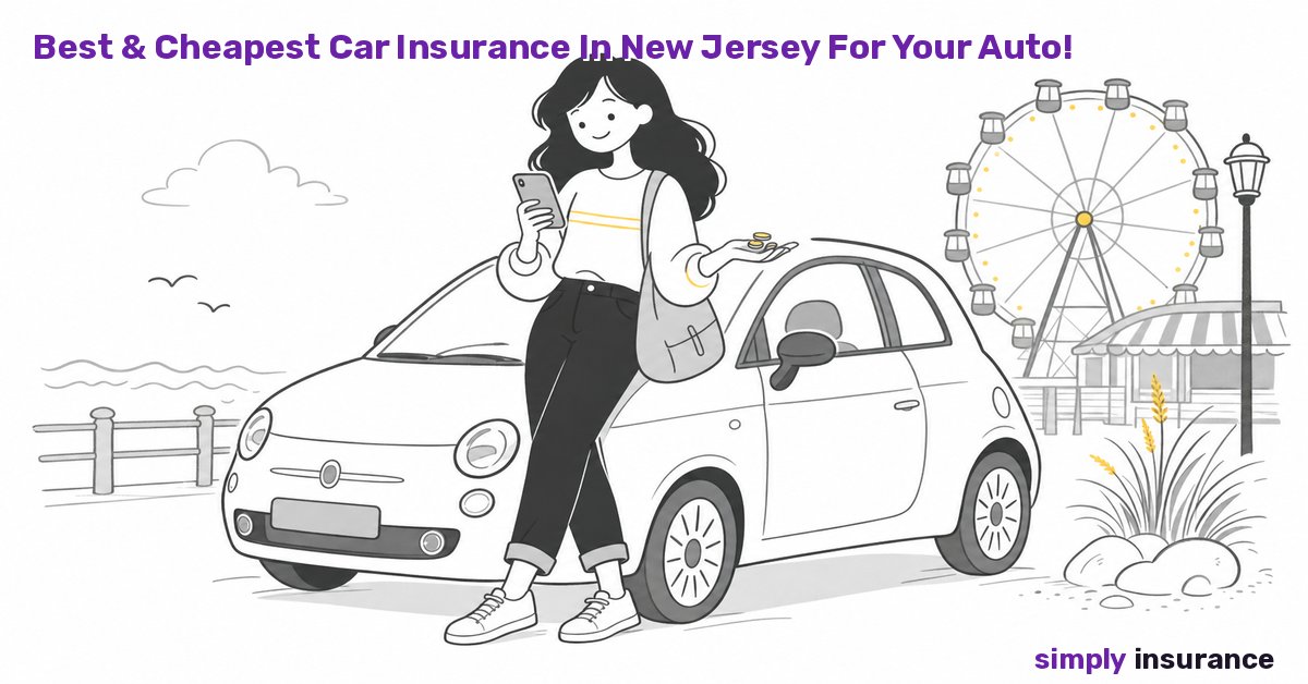 Illustration of a student comparing cheap car insurance quotes by a New Jersey boardwalk and Ferris wheel