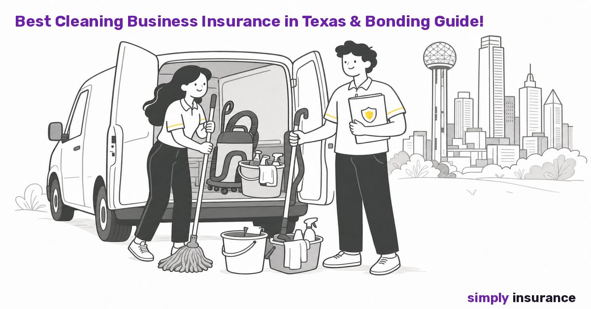 Illustration of a cleaning crew unloading supplies from a van in Dallas, for cleaning business insurance in Texas