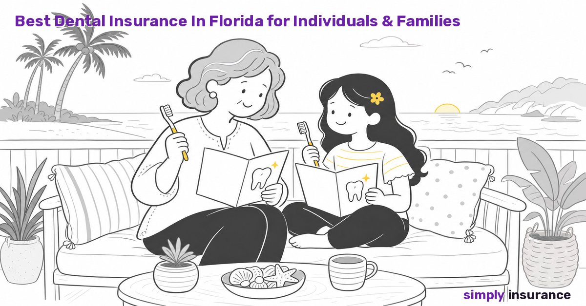 Illustration of a grandmother and granddaughter comparing dental insurance by Florida palm trees and beach