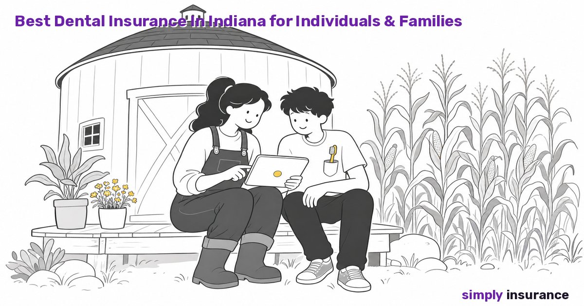 Illustration of a mother and son comparing dental insurance on a porch by Indiana cornfields and a round barn