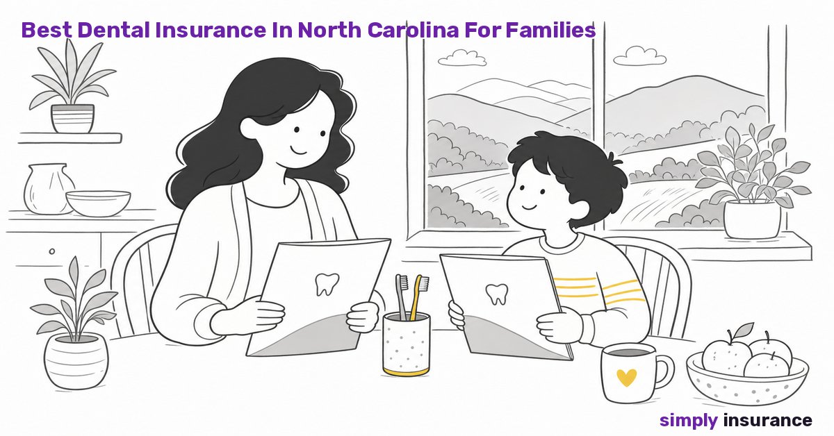 Illustration of a mother and son comparing dental insurance plans with the North Carolina Blue Ridge Mountains behind