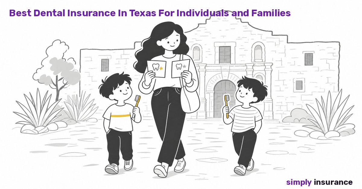 Illustration of a mother and twin boys comparing dental insurance near the Alamo in Texas