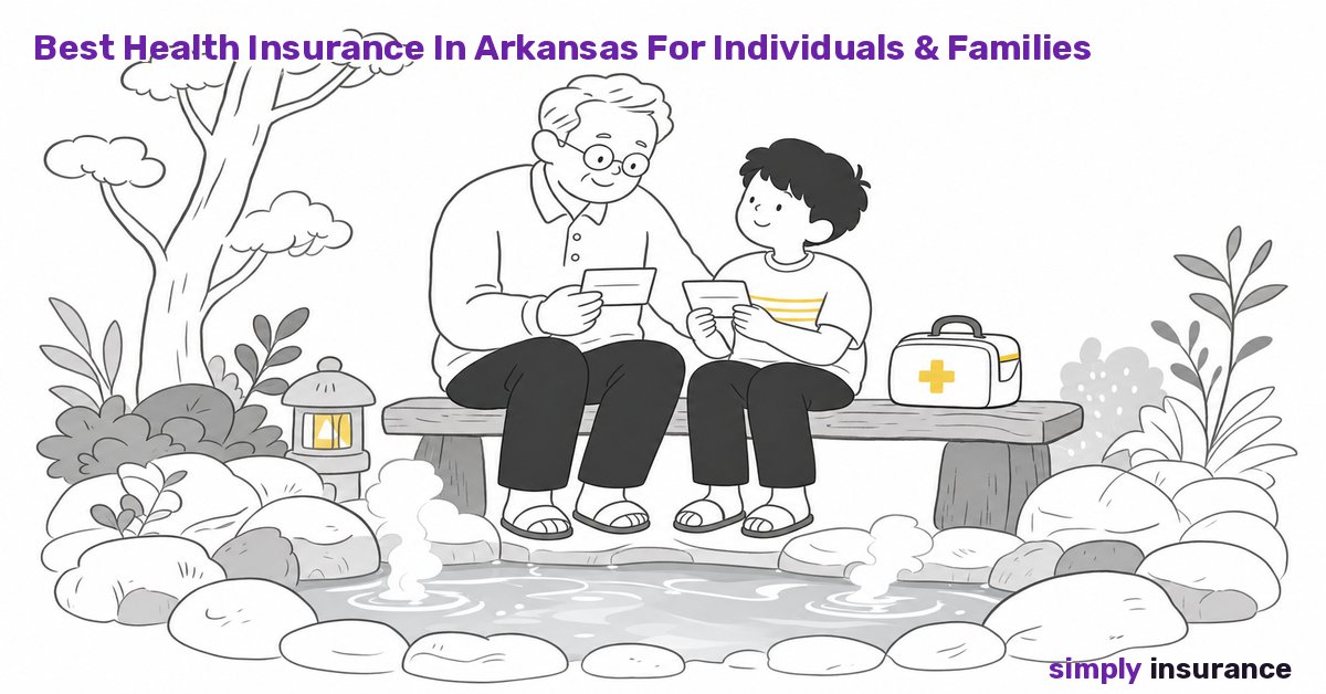 Illustration of a grandfather and grandson comparing health insurance by a hot spring in Arkansas