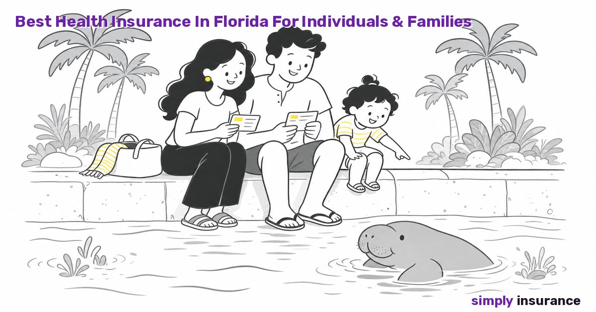 Illustration of a family comparing health insurance plans by a manatee and palm trees in Florida