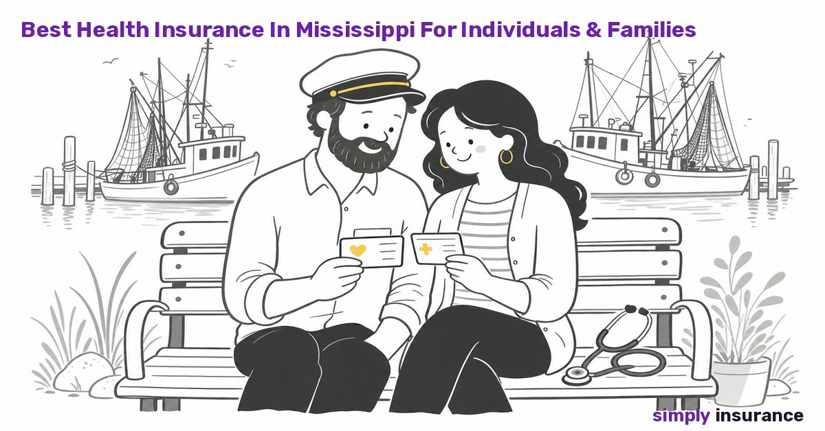 Illustration of a couple comparing health insurance by shrimp boats on the Mississippi Gulf Coast