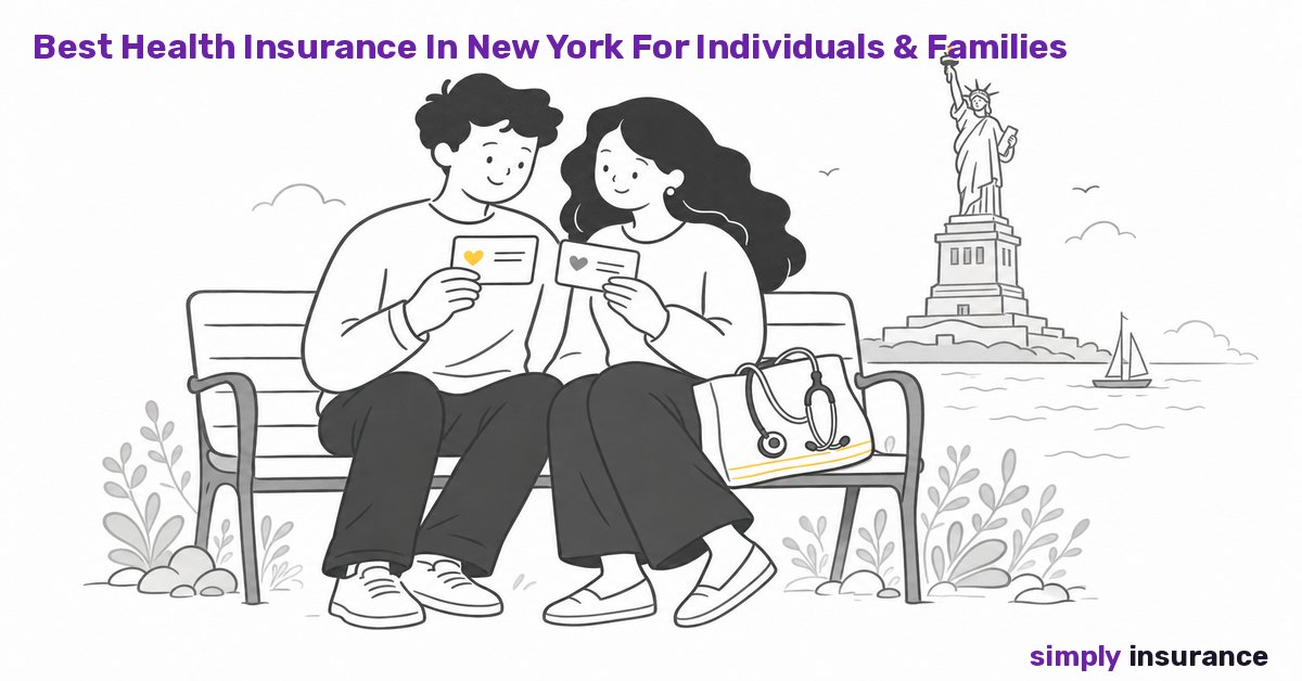 Illustration of a couple comparing health insurance plans near the Statue of Liberty in New York