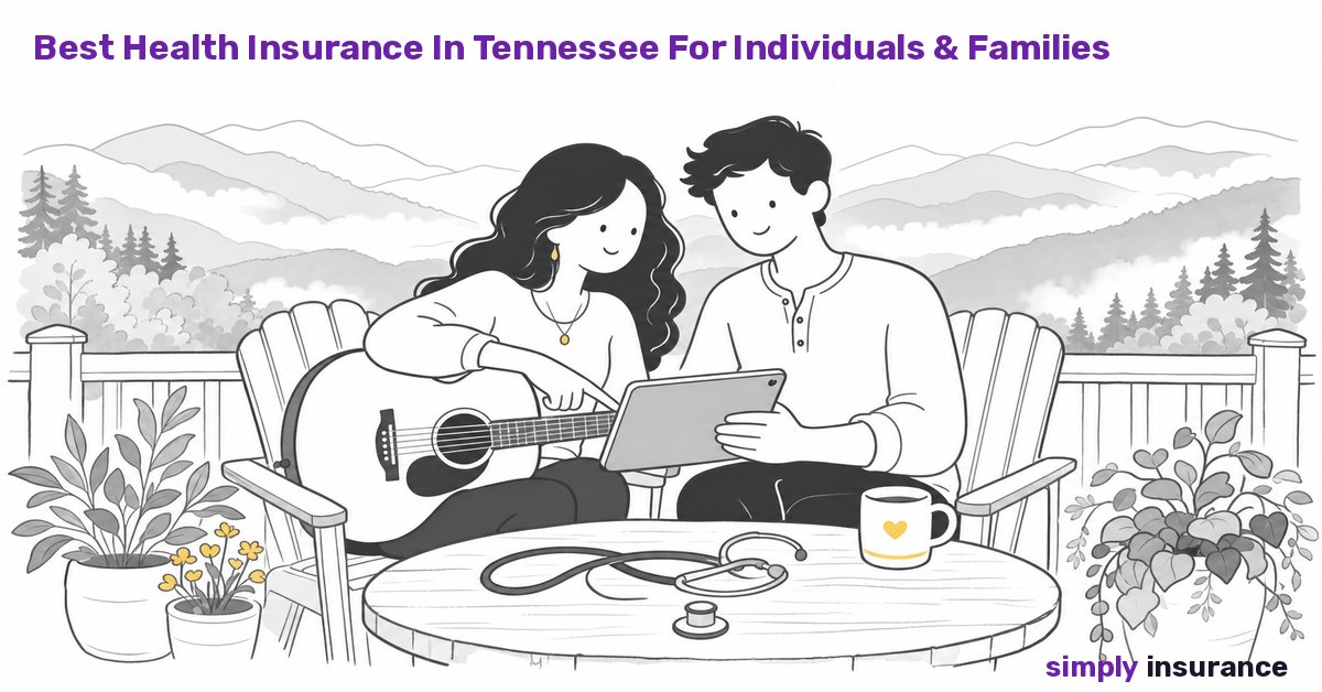 Illustration of a couple comparing health insurance plans facing the Great Smoky Mountains in Tennessee