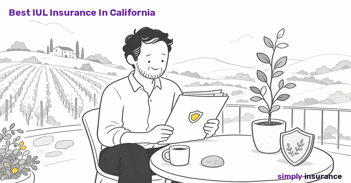 Illustration of a man reviewing an IUL policy beside a growing plant overlooking California vineyards