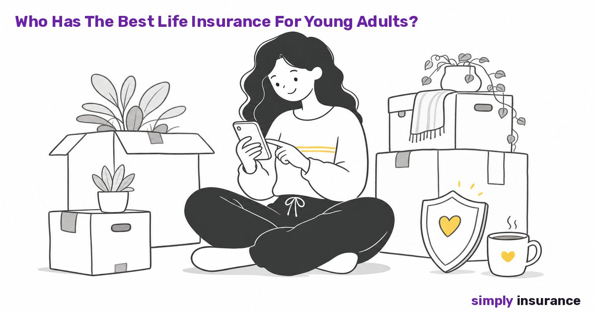 Illustration of a young woman in her first apartment applying for life insurance for young adults on her phone