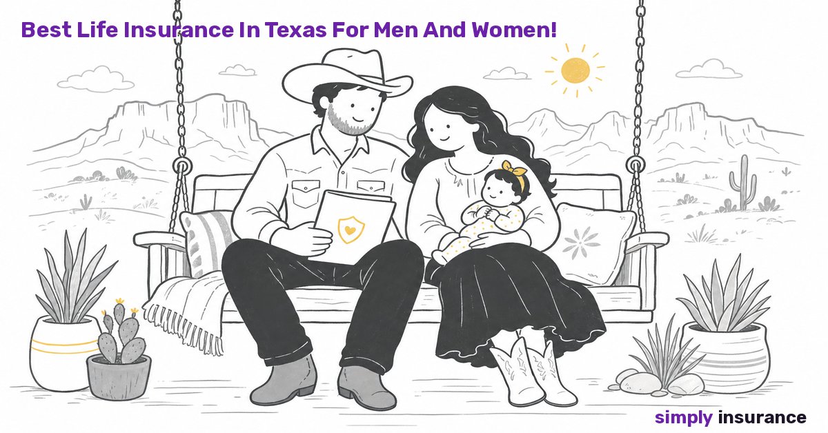 Illustration of a young family on a porch facing Big Bend mountains, representing life insurance in Texas
