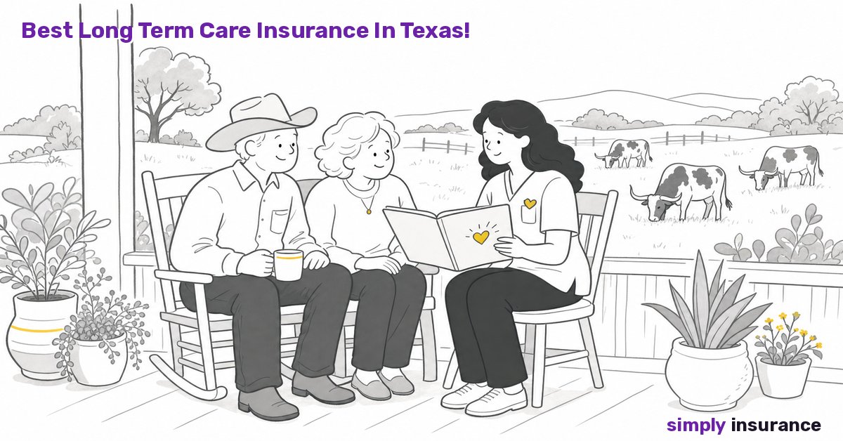Illustration of an older couple and nurse on a ranch porch, for long term care insurance in Texas