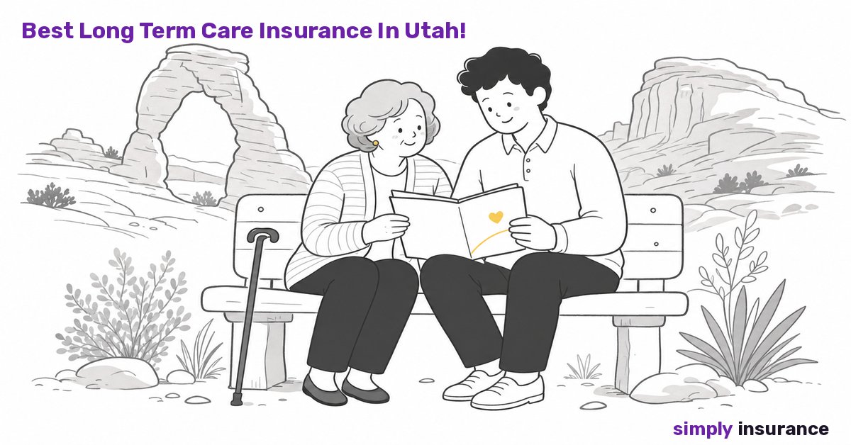 Illustration of an older woman and her son reviewing long term care insurance near Delicate Arch in Utah