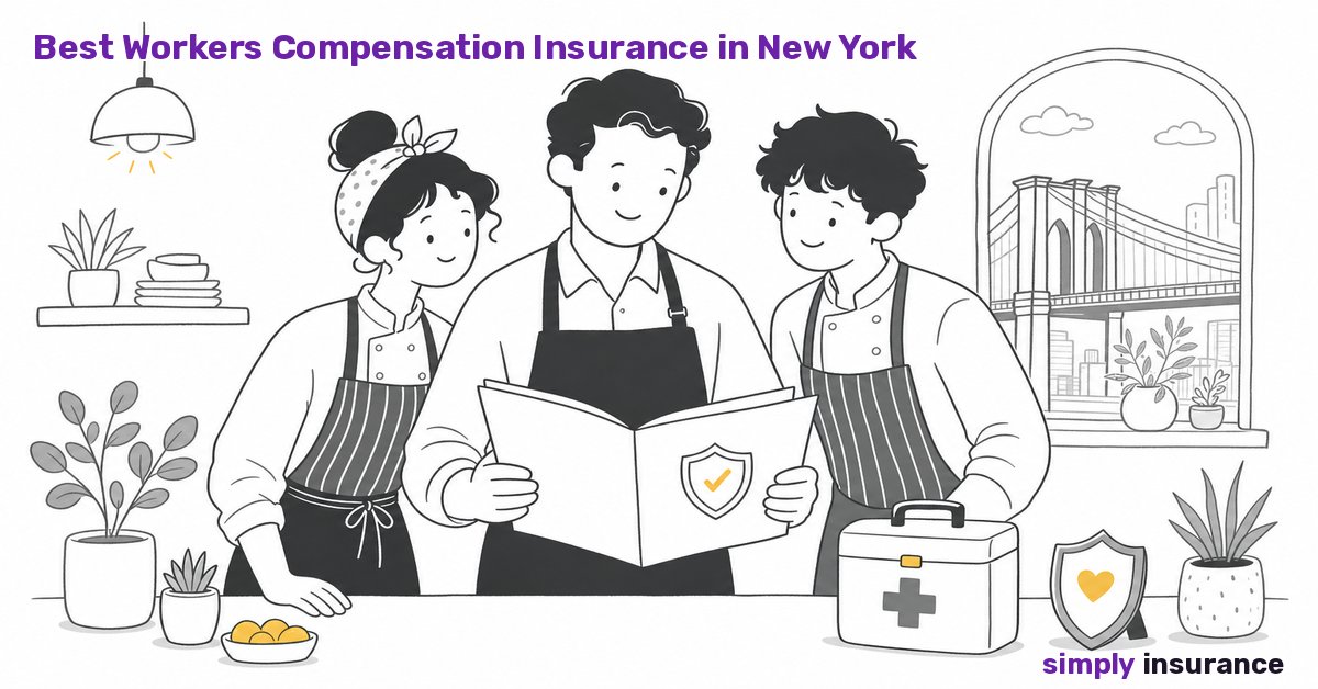 Illustration of a restaurant owner and staff reviewing workers compensation insurance near the Brooklyn Bridge in New York