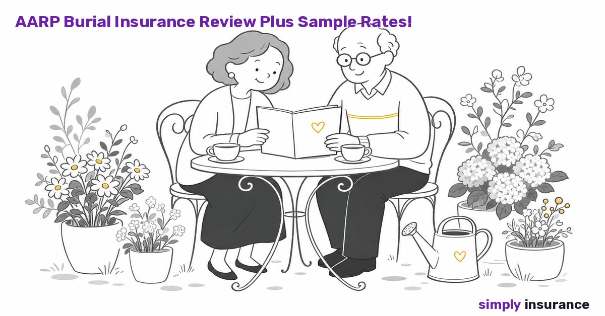 Illustration of an older couple calmly reviewing burial insurance options over tea in a blooming garden