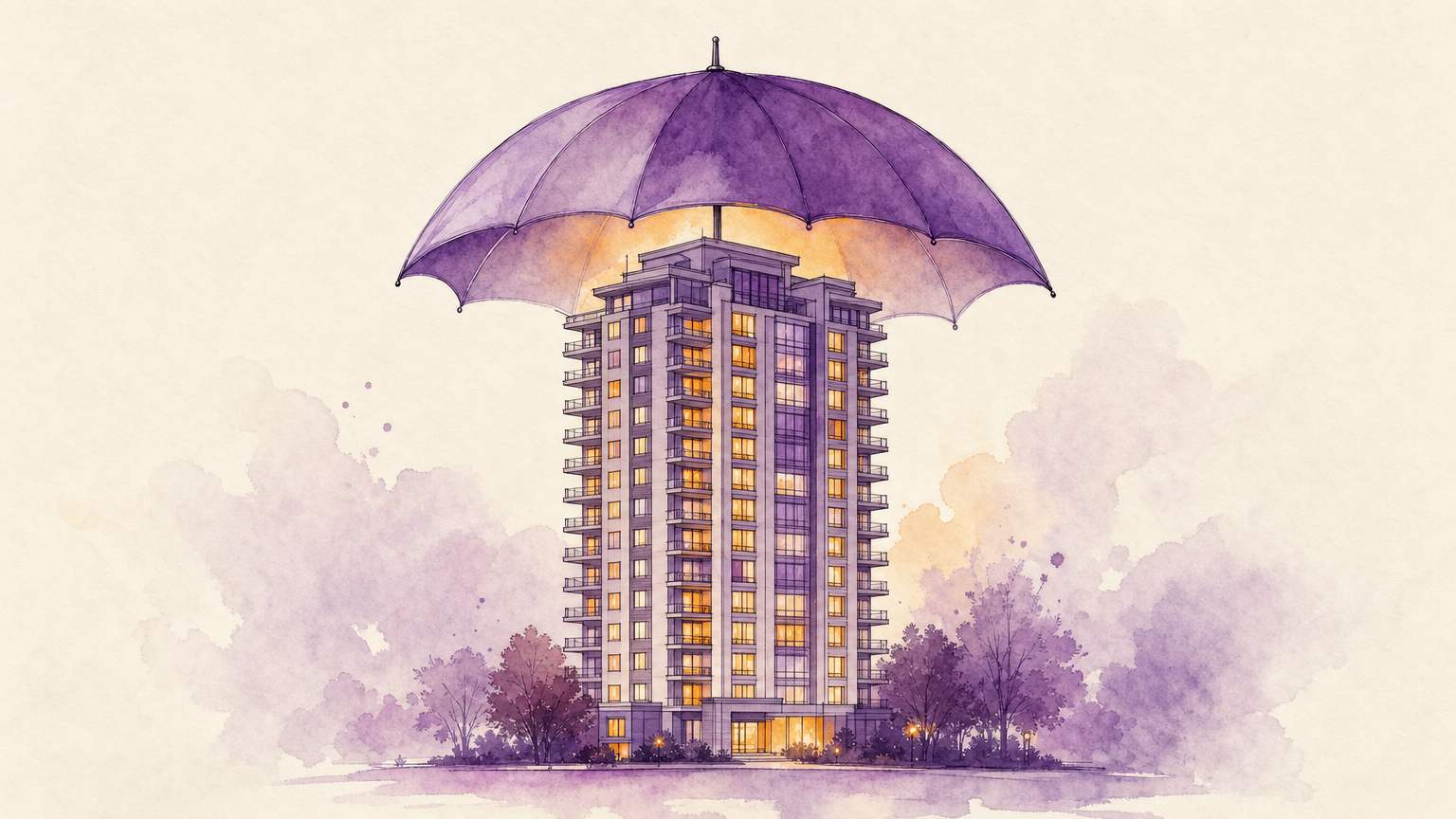 Illustrated condominium building with an umbrella representing condo insurance coverage by state