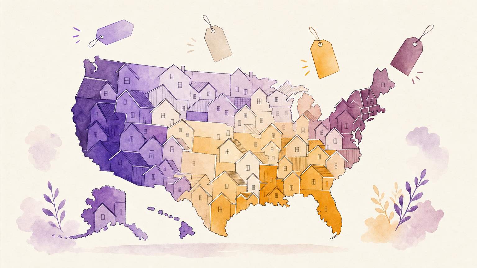 Illustrated US map made of rooftops showing homeowners insurance rates varying by state