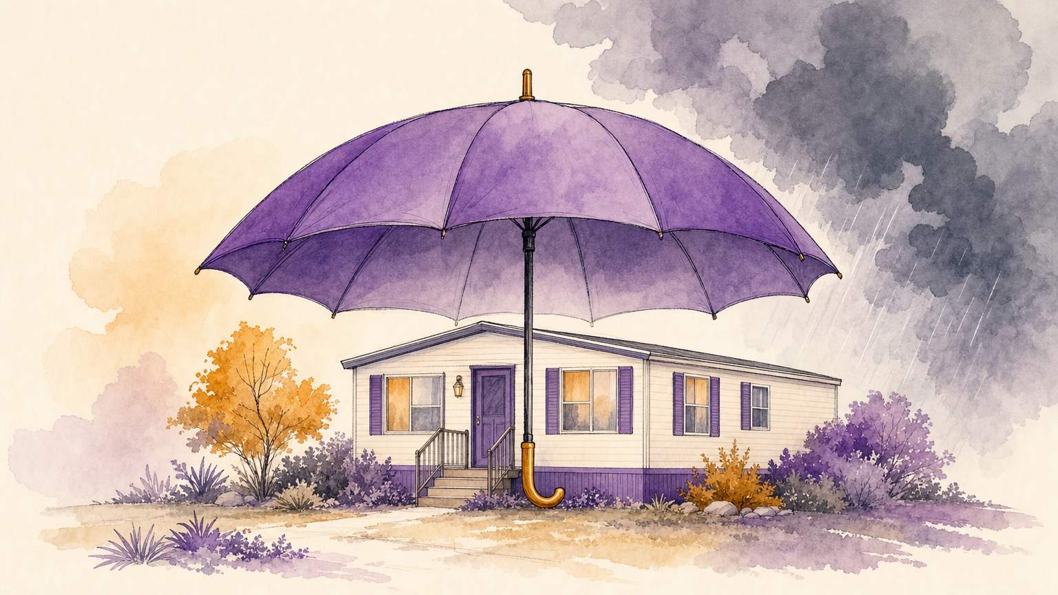 Mobile home sheltered by an umbrella representing mobile home insurance
