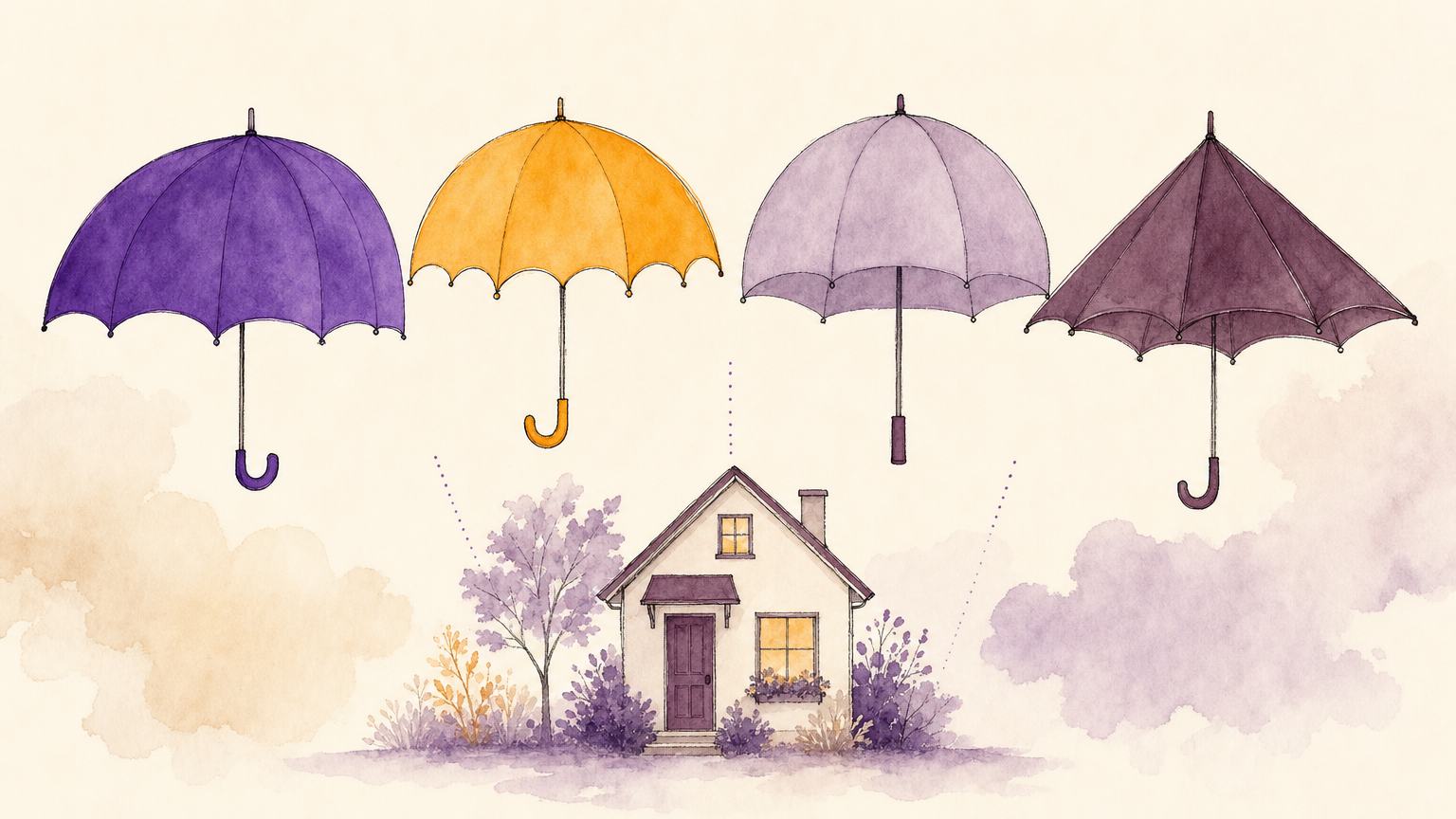 Four different umbrellas over a house representing the main types of life insurance