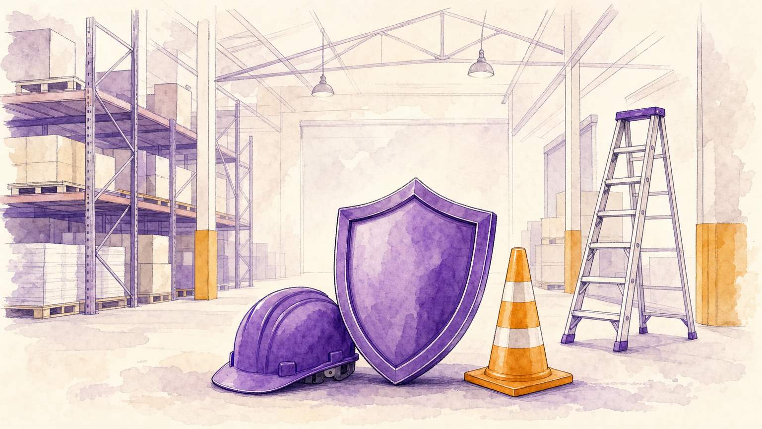 Warehouse scene with hard hat and caution cone representing common workplace injuries